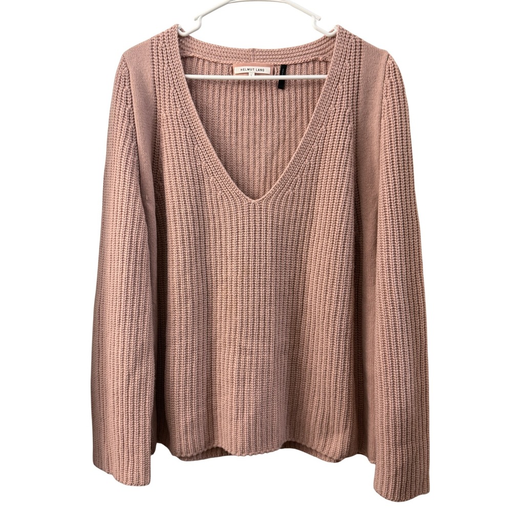 Helmut Lang Wool Cashmere Chunky Ribbed V-Neck Sweater Dusty Rose Pink Large